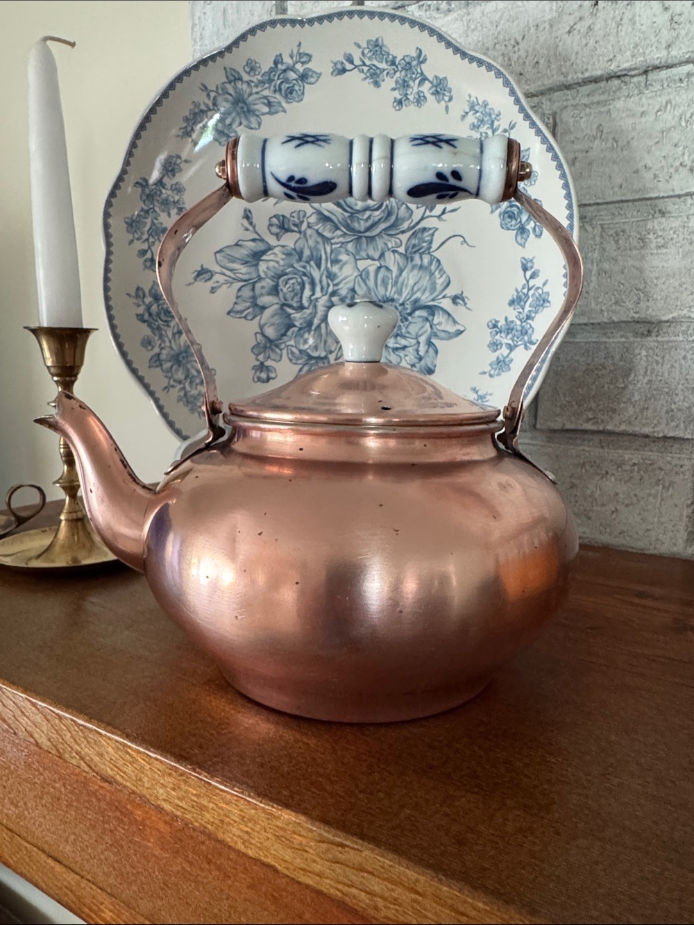 Vintage Copper Teapot with Porcelain Handle